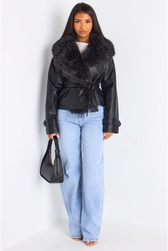 Veste mi-longue en simili cuir à col en fourrure de couleur noire
