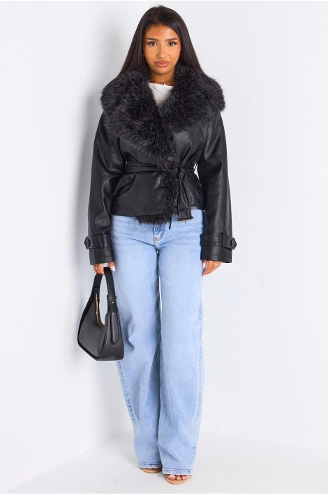 Veste mi-longue en simili cuir à col en fourrure de couleur noire