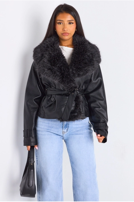 Veste mi-longue en simili cuir à col en fourrure de couleur noire