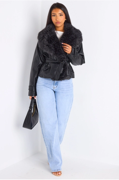 Veste mi-longue en simili cuir à col en fourrure de couleur noire