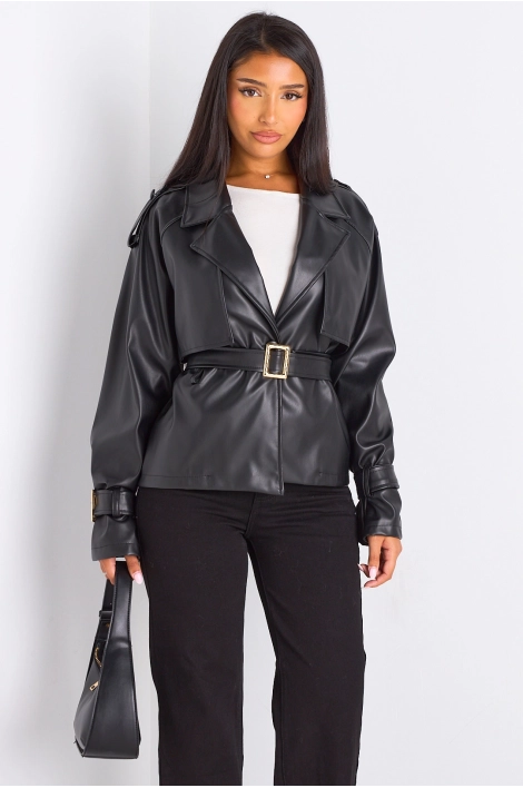 Veste cintrée simili cuir à col rabat de couleur noire