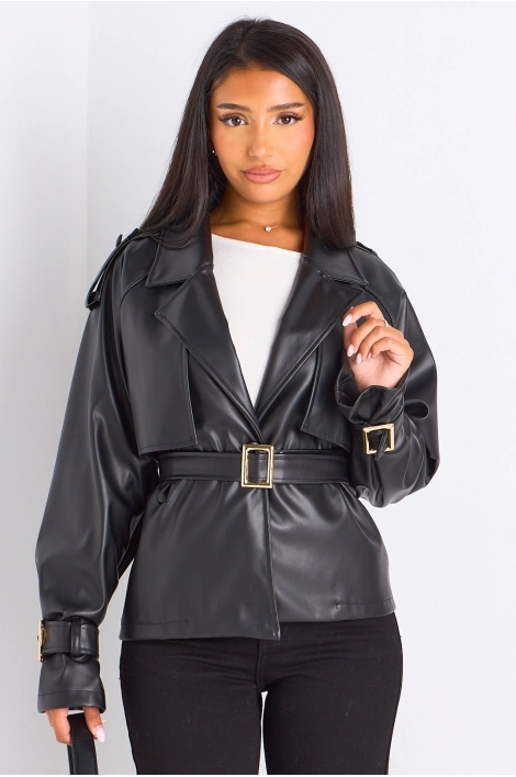 Veste cintrée simili cuir à col rabat de couleur noire