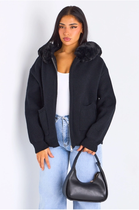 Gilet en maille à capuche fourrée noir