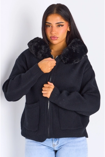 Gilet en maille à capuche fourrée noir