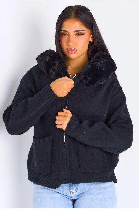 Gilet en maille à capuche fourrée noir