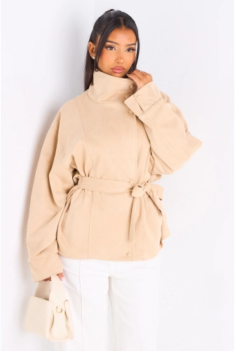 Veste courte en daim ceinturée beige