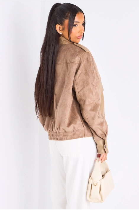 Veste en simili cuir bi-matière taupe