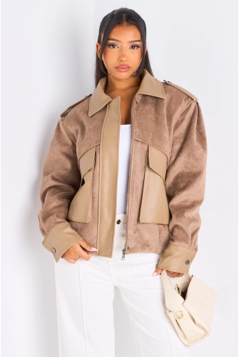 Veste en simili cuir bi-matière taupe