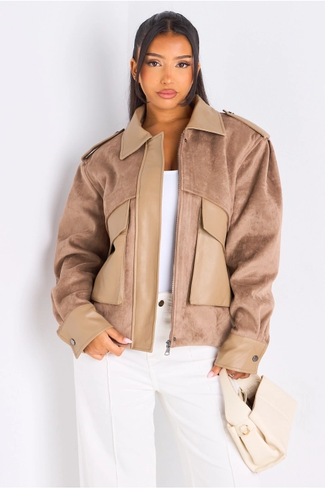 Veste en simili cuir bi-matière taupe