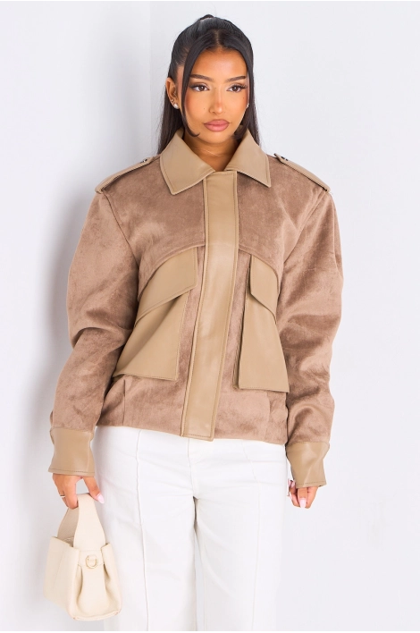 Veste en simili cuir bi-matière taupe