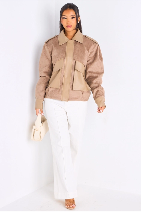 Veste en simili cuir bi-matière taupe