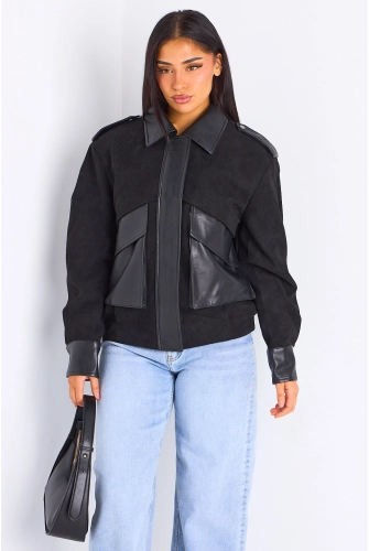 Veste en simili cuir bi-matière noire