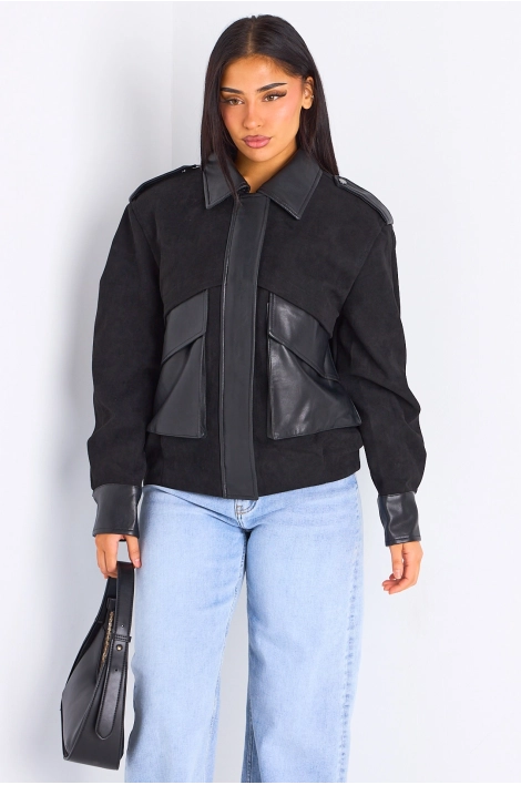 Veste en simili cuir bi-matière noire