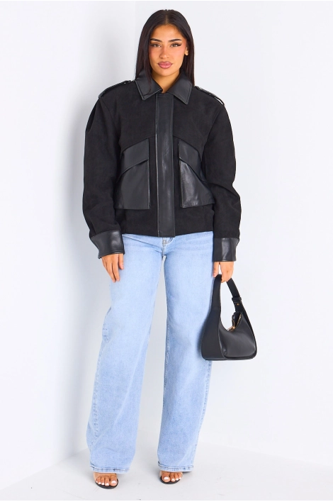 Veste en simili cuir bi-matière noire