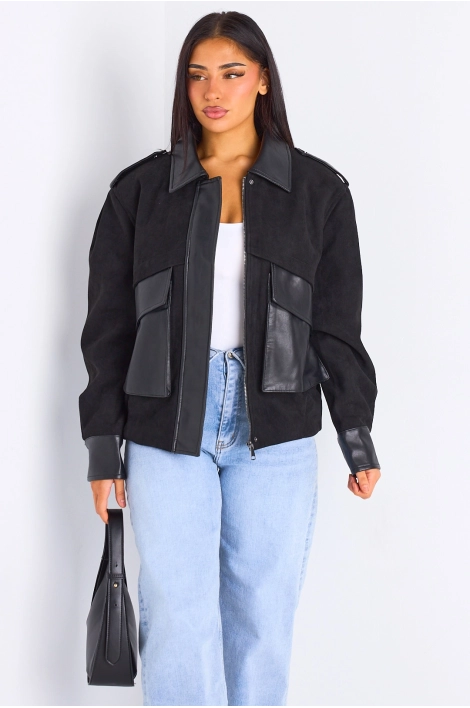 Veste en simili cuir bi-matière noire