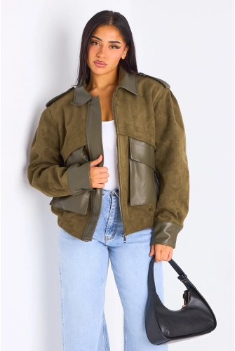 Veste en simili cuir bi-matière kaki