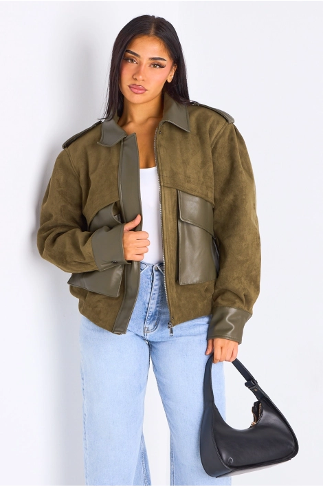 Veste en simili cuir bi-matière kaki