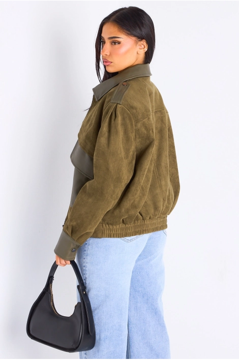 Veste en simili cuir bi-matière kaki
