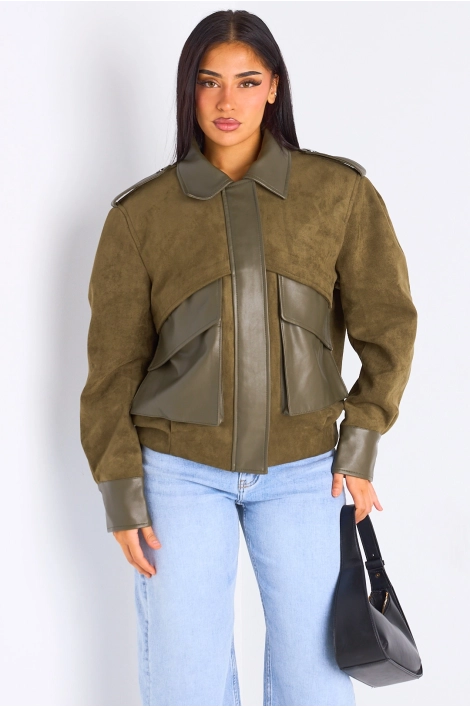 Veste en simili cuir bi-matière kaki