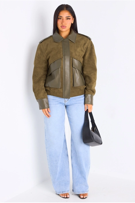 Veste en simili cuir bi-matière kaki
