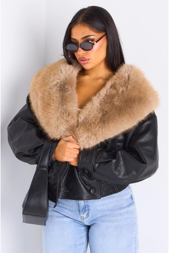 Veste en simili cuir noir à fourrure beige