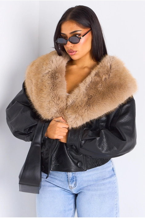 Veste en simili cuir noir à fourrure beige