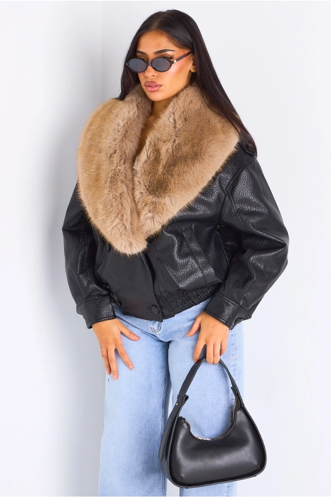 Veste en simili cuir noir à fourrure beige