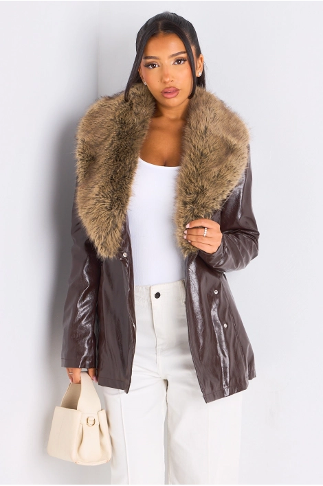 Veste simili cuir marron à empiècement fourrure