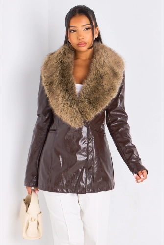 Veste simili cuir marron à empiècement fourrure
