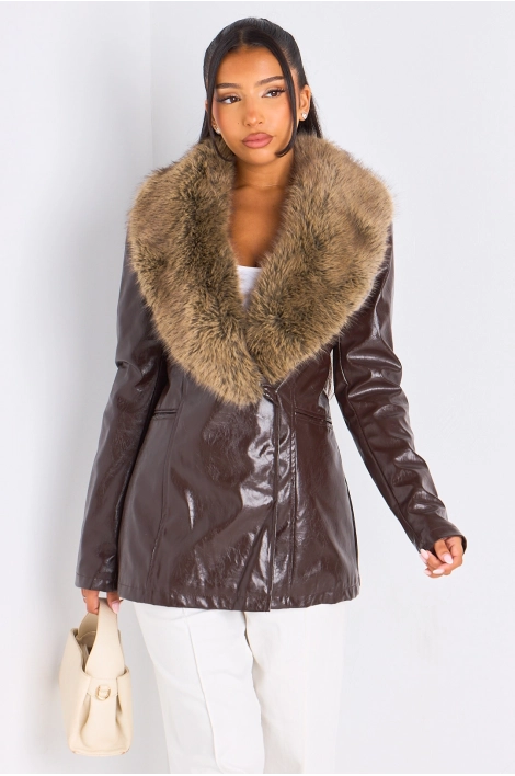 Veste simili cuir marron à empiècement fourrure