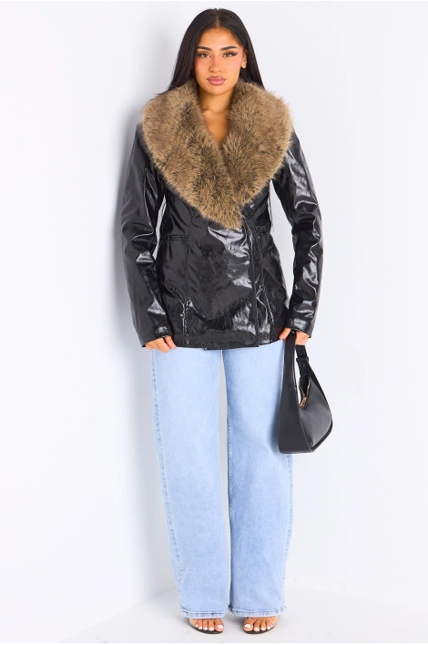 Veste simili cuir noire à empiècement fourrure