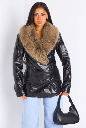 Veste simili cuir noire à empiècement fourrure