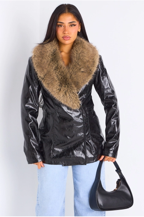 Veste simili cuir noire à empiècement fourrure