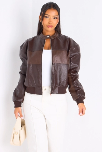 Veste en simili cuir bicolore marron