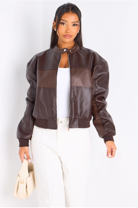 Veste en simili cuir bicolore marron