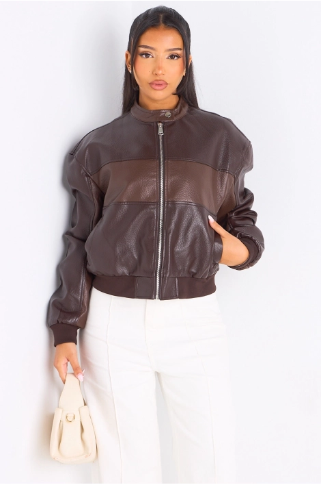 Veste en simili cuir bicolore marron