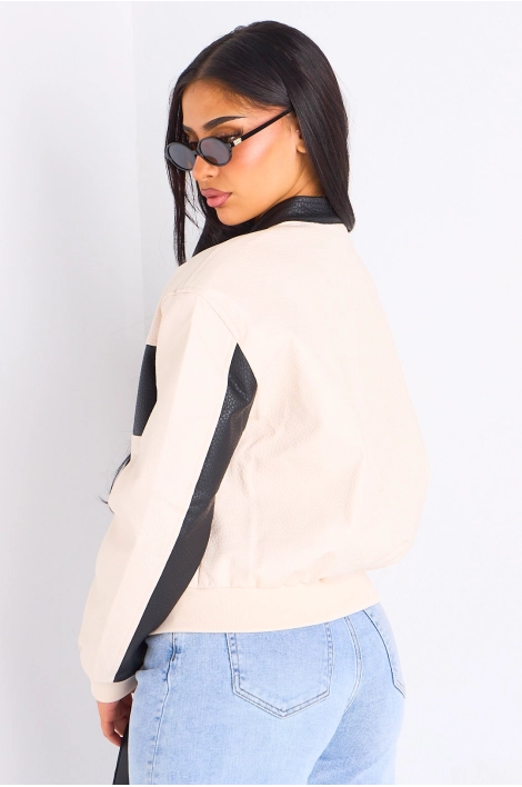 Veste en simili cuir bicolore beige