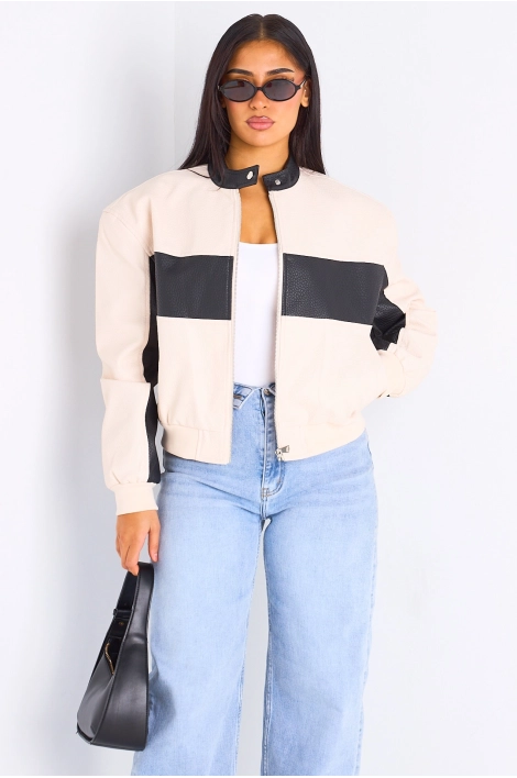 Veste en simili cuir bicolore beige