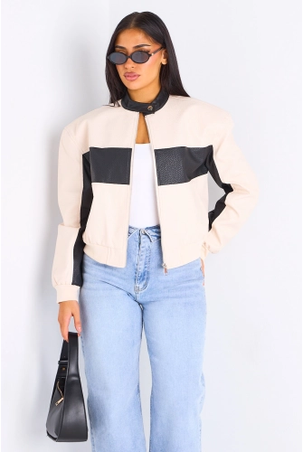 Veste en simili cuir bicolore beige