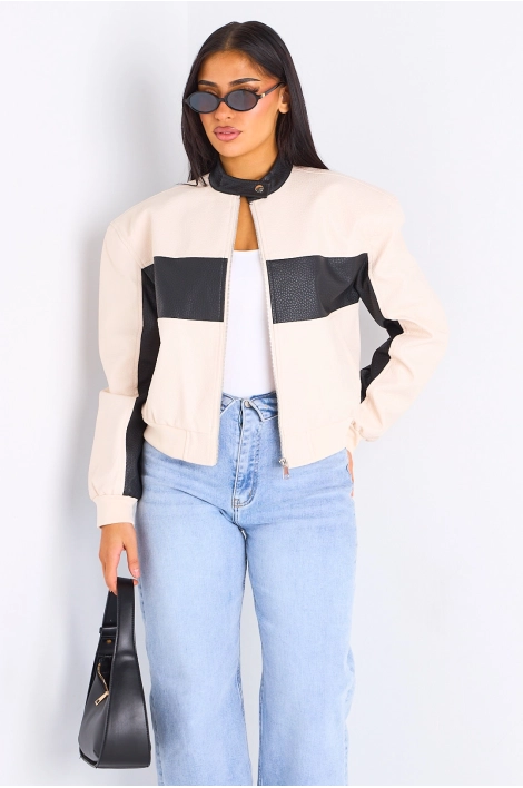 Veste en simili cuir bicolore beige