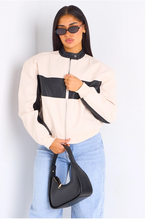 Veste en simili cuir bicolore beige