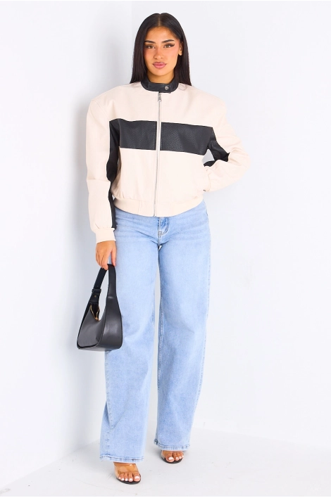 Veste en simili cuir bicolore beige