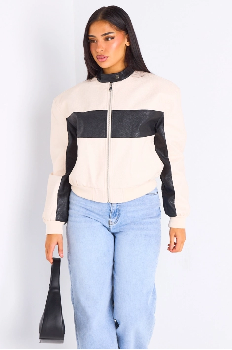 Veste en simili cuir bicolore beige