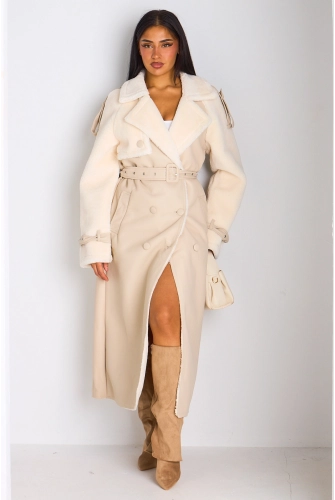 Manteau long en simili cuir avec empiècement polaire beige