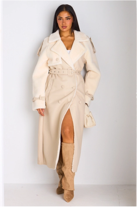 Manteau long en simili cuir avec empiècement polaire beige