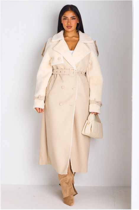 Manteau long en simili cuir avec empiècement polaire beige