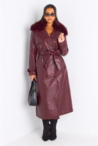 Manteau long en simili cuir bordeaux à empiècement fourrure