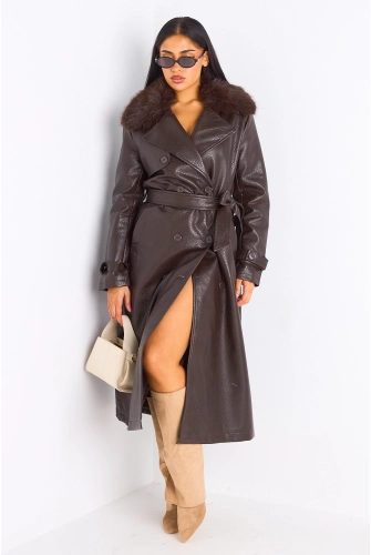 Manteau long en simili cuir maron à empiècement fourrure