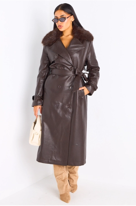 Manteau long en simili cuir maron à empiècement fourrure