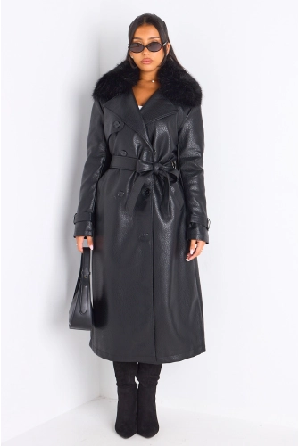 Manteau long en simili cuir noir à empiècement fourrure
